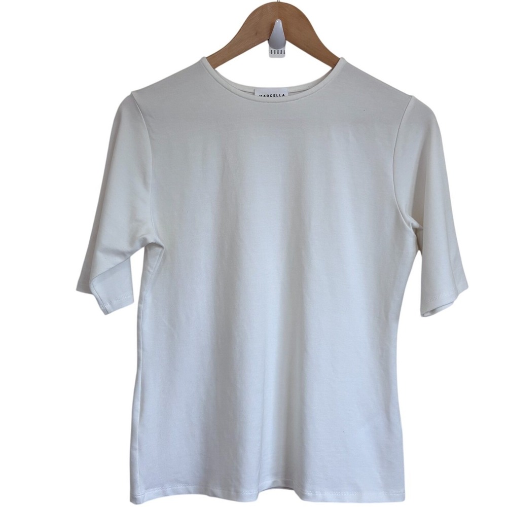 Marcella Womens Frankie Top Short Sleeve T-Shirt Size L White Crewneck Minimal